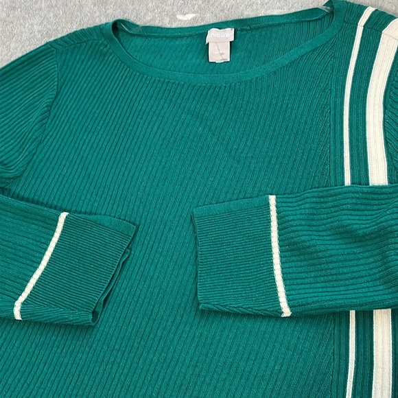 Chicos Tunic Asymetrical Sweater XL Stripe Green Ribbed Knit Mature Artsy - Picture 7 of 10